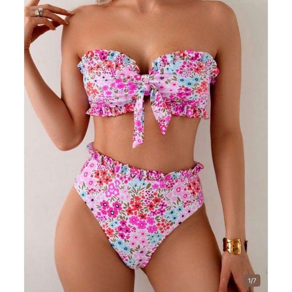 NWOT Swim Mod Women’s Sm Floral Bandeau Bikini Set High Waist Tie Front Ruffle